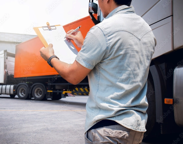 Person with clipboard standing next to large orange truck in industrial area, with warehouse in background.